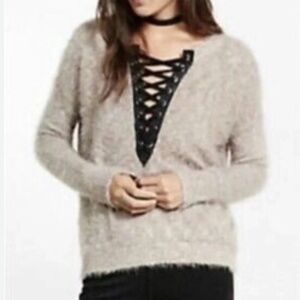 Express "NEW" Tan Black Soft Cozy Fuzzy Lace Up Crew Neck Y2K Sweater Size S